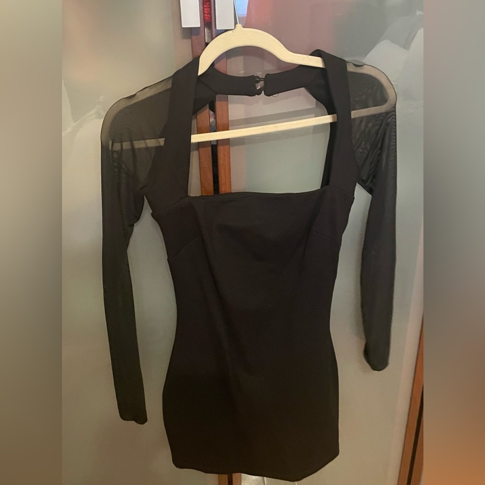 Black mini dress with mesh sleeves